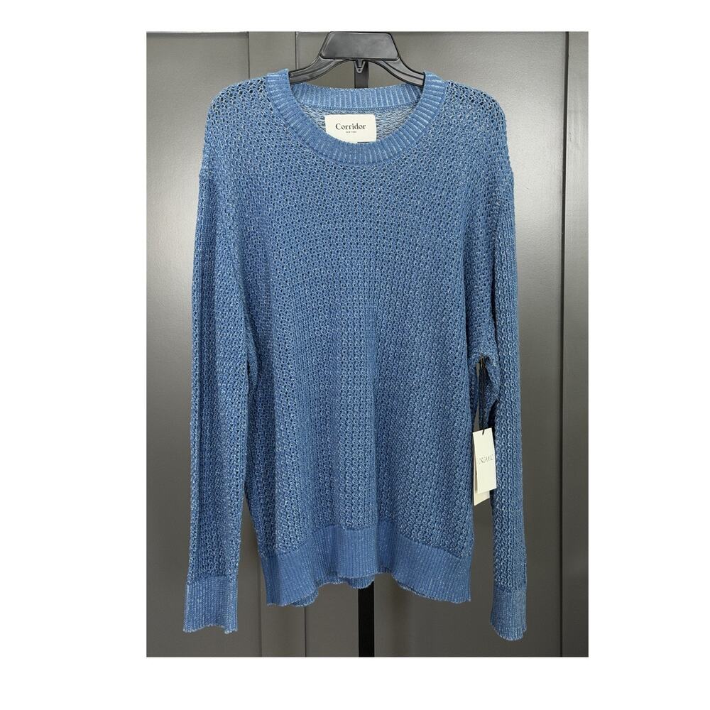Corridor Men's Marled Open-Knit Pullover Sweater Blue Crew Neck LS Size XL $155